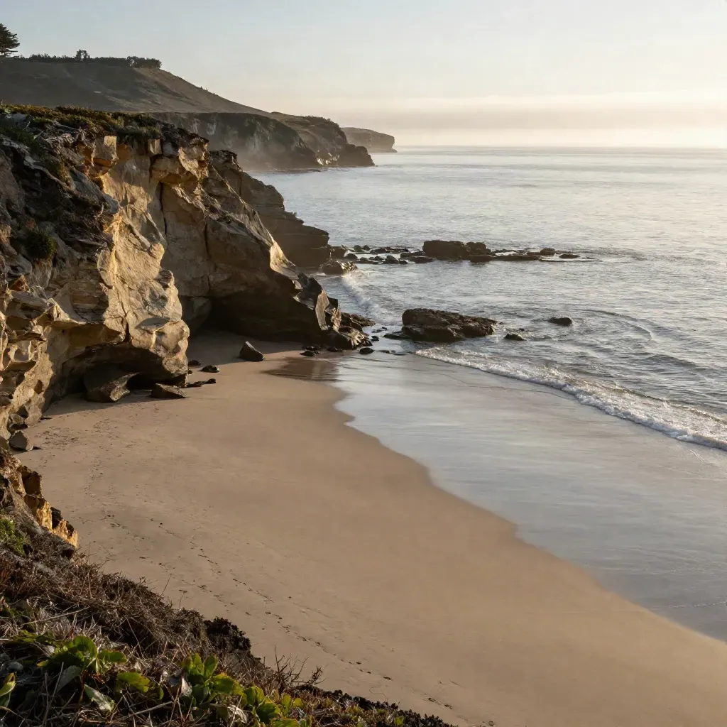 La Jolla cliffs and tide pools above a calm hazy ocean at dusk