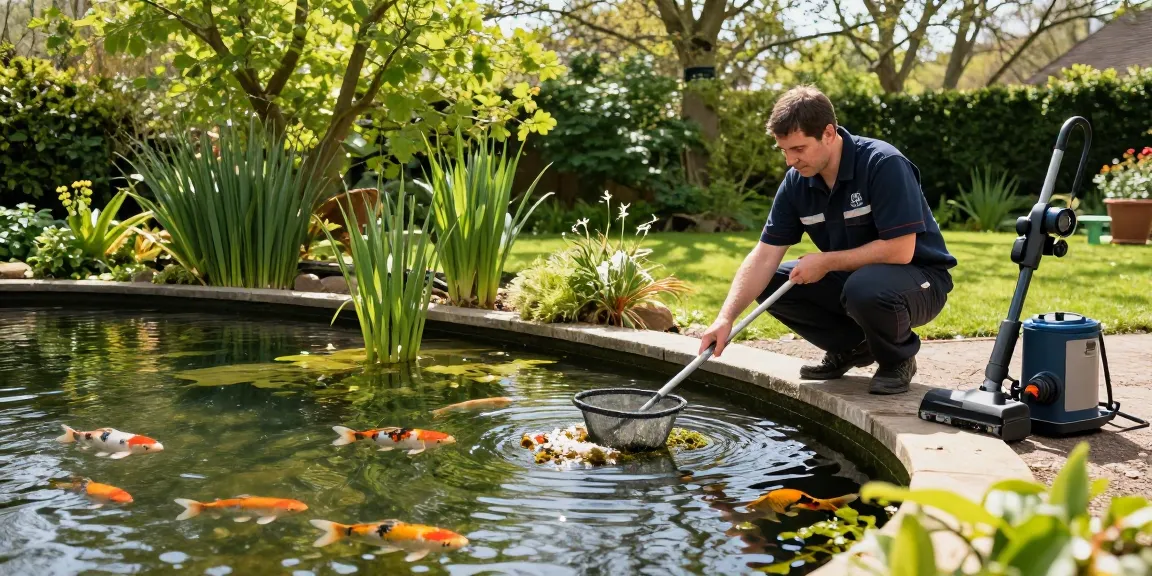 Pond Clean Essex service provided by a professional technician cleaning a tranquil backyard pond.