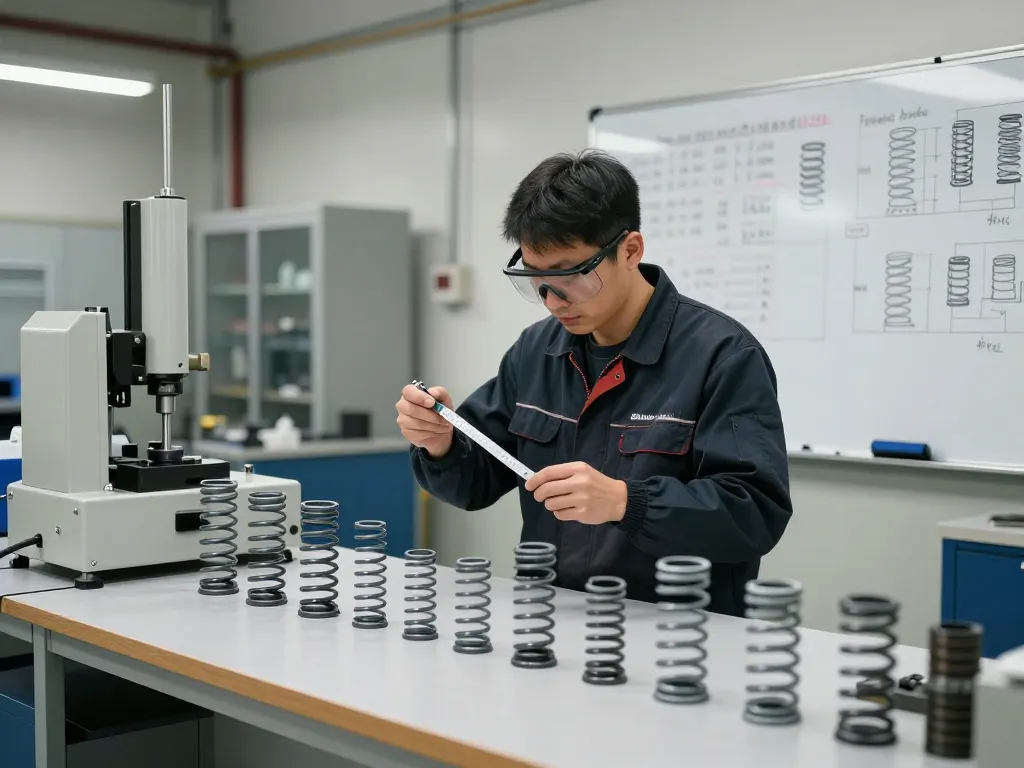 Tehnician analizând diverse arcuri tractiune într-un mediu industrial de lucru.