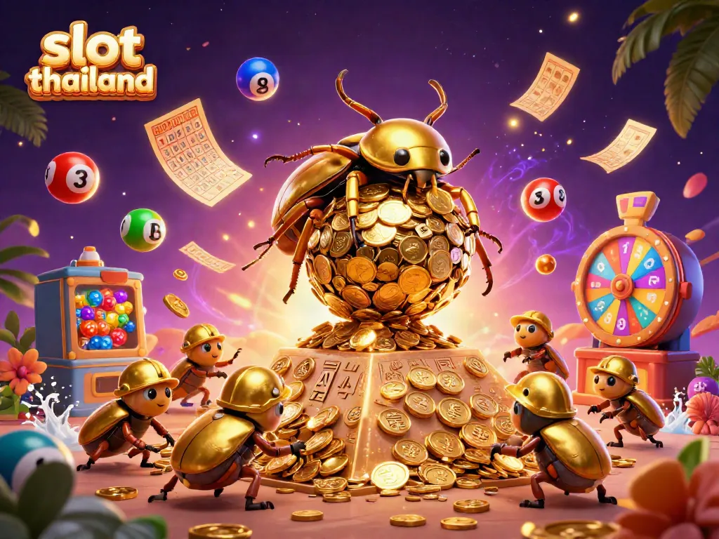 Experience the thrill with slot thailand as golden beetles celebrate casino winnings amid vibrant gaming elements.