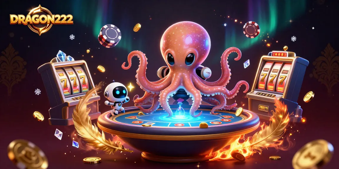 Engage with DRAGON222's thrilling gaming experience featuring an alien octopus mastering poker and slot machines.