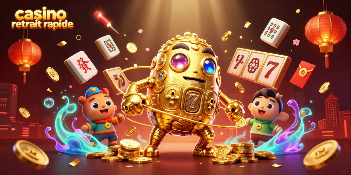 Profitez d'un casino retrait rapide avec un golem en or et des symboles de machine à sous, dans un décor animé.