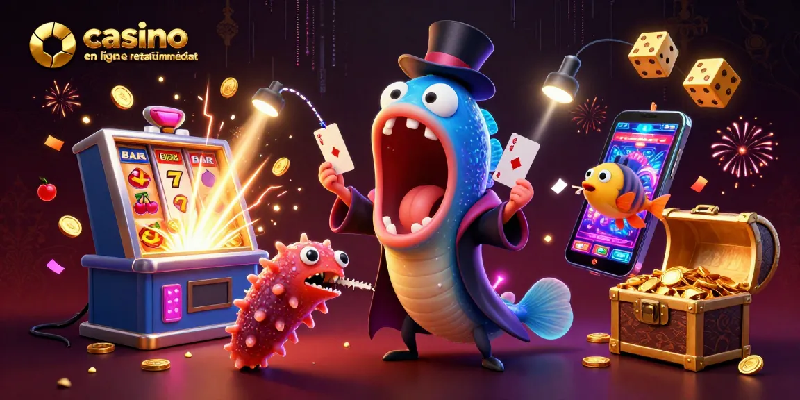 Casino en ligne retrait immédiat: illustration d'un casino avec un poisson en cape de magicien et des machines à sous.