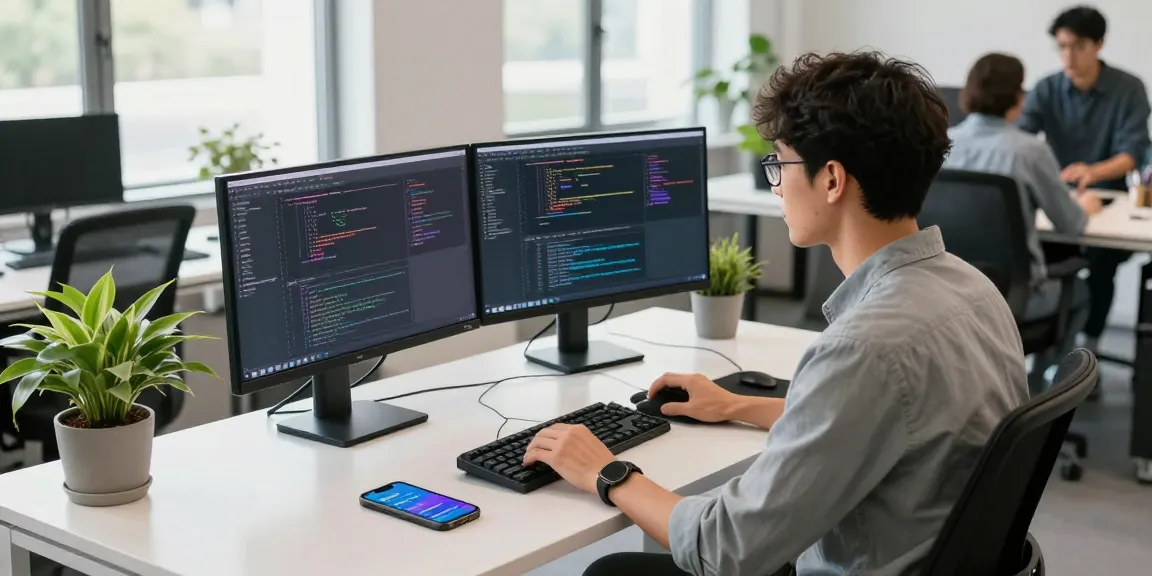 Professional workspace scene with coding on dual monitors in a modern office, showcasing 纸飞机中文版 app development.