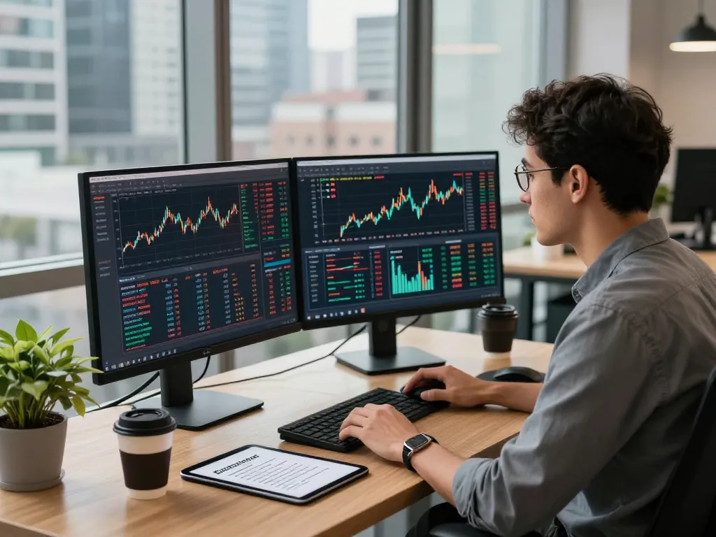 Focused analysis on the IODeFi official website through modern financial tools in a contemporary workspace.