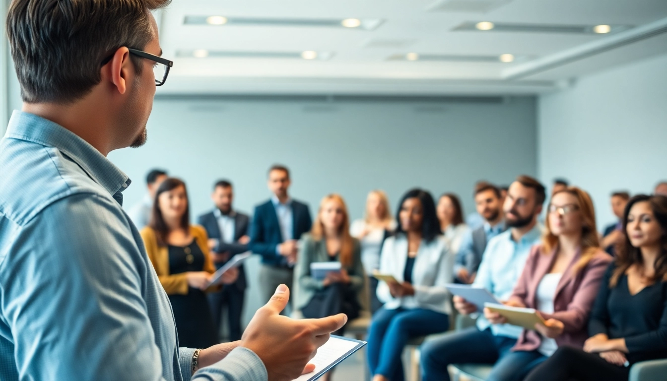 Dynamic scene of a leadership development coach engaging with participants in a conference room.