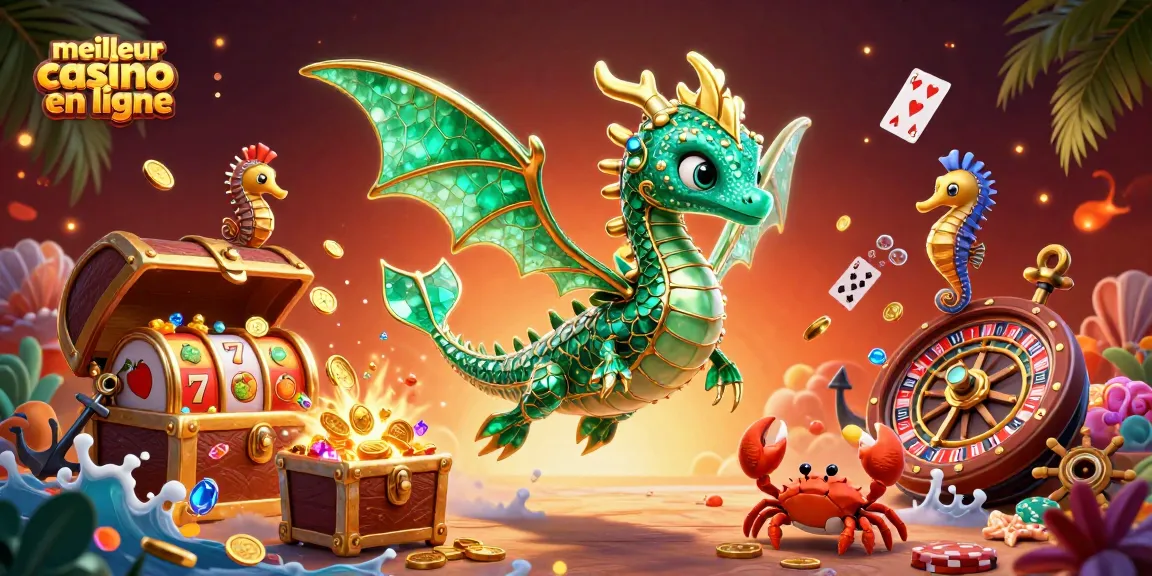 Plongez dans l'univers du meilleur casino en ligne avec ce dragon de mer flottant, entouré de trésors.