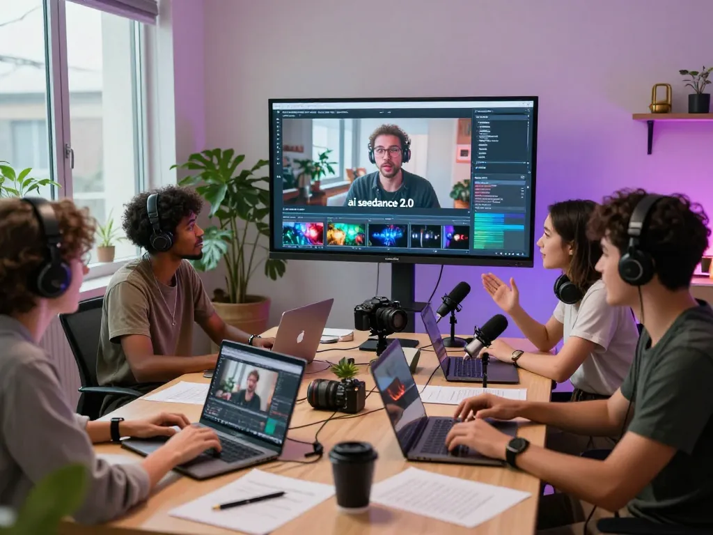 Content creators collaboratively editing AI videos using ai seedance 2.0 in a bright, modern workspace.