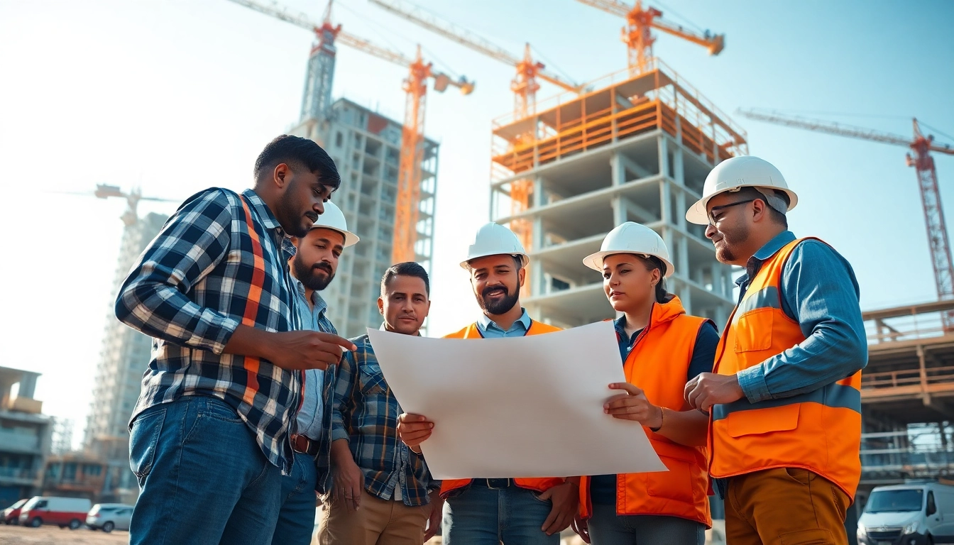 Construction advocacy showcased by diverse professionals on a building site discussing blueprints.