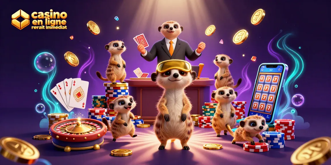 Illustration dynamique de meerkats maniant un casino en ligne retrait immédiat avec des éléments de jeu éblouissants.