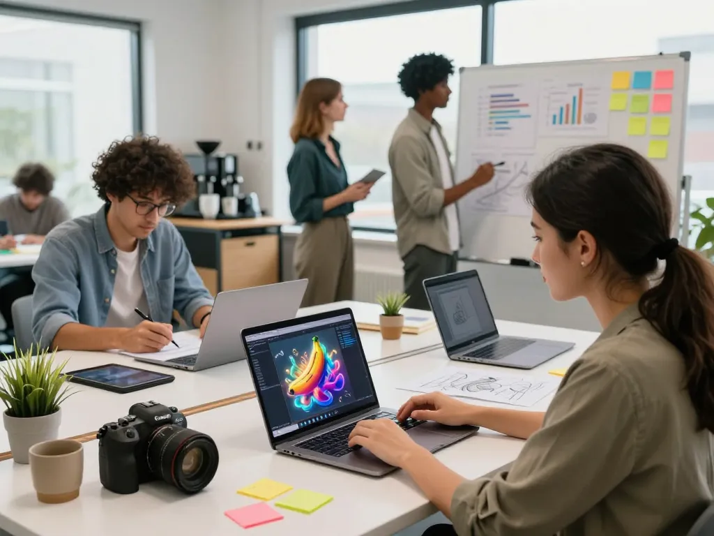 Team utilizing nano banana pro for collaborative creative projects in a bright tech workspace.