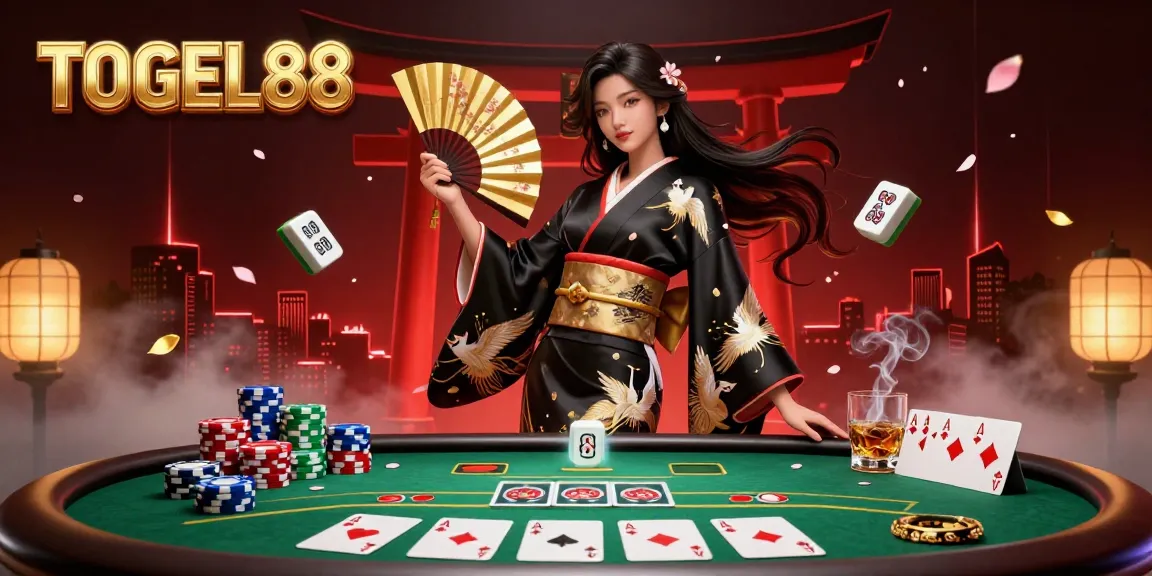 Engage with TOGEL88 in a vibrant 3D scene featuring a stylish Asian woman among dynamic casino elements.