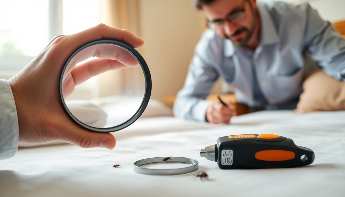 Efficient bed bug extermination services with a pest control expert inspecting a bedroom.