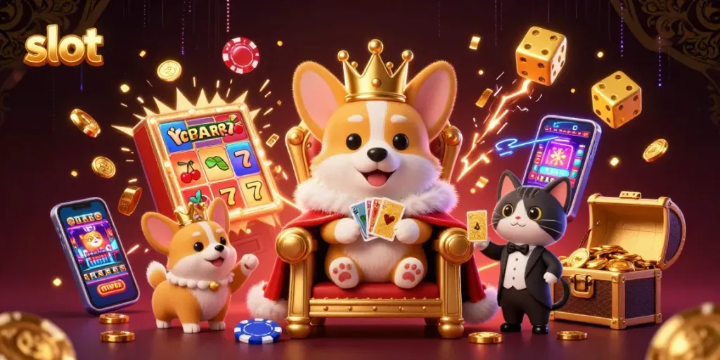 Slot online menampilkan corgi kerajaan dan mesin slot jackpot meletup di sekitar