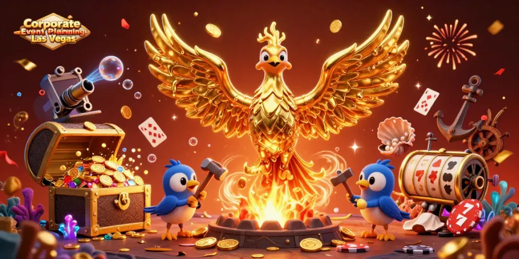 Experience Corporate Event Planning Las Vegas through a vibrant, dynamic casino-themed illustration.
