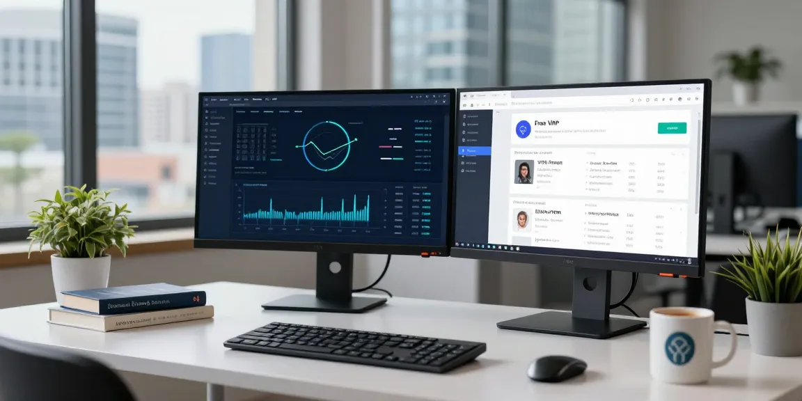 Developer analyzing free vpns on dual monitors in a modern tech workspace, focused on comparison data and performance metrics.