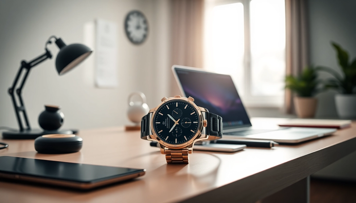 Engaging design of Finesse Smart Watch on a styled desk, under ambient lighting.