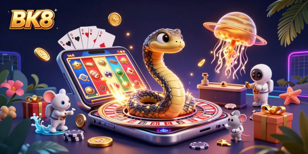 Experience BK8's unique cosmic casino world with animated characters and dynamic gaming elements.