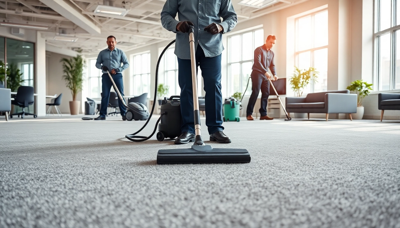 Showcasing commercial carpet cleaning in a bright office space with professionals at work.