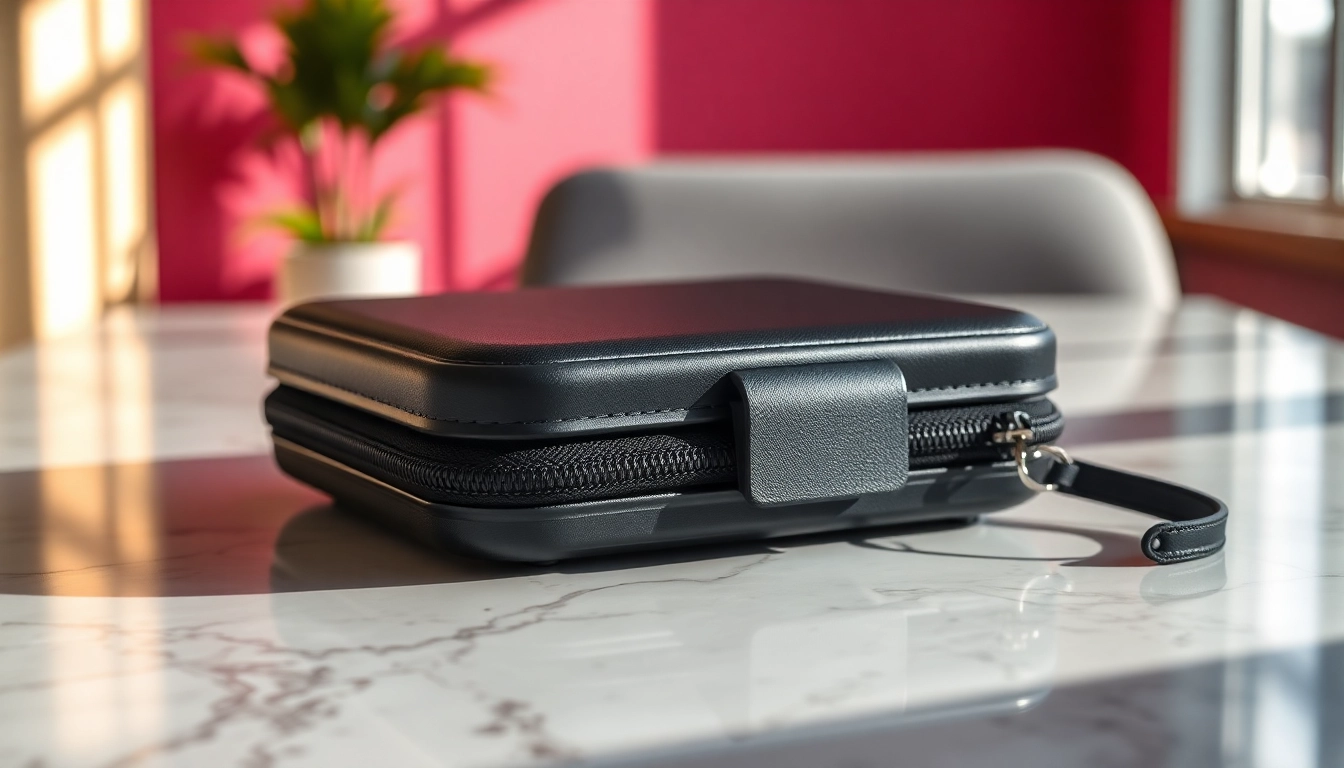 Präsentation einer eleganten Handytasche Magnetverschluss mit modernem Design auf einem Marmortisch.