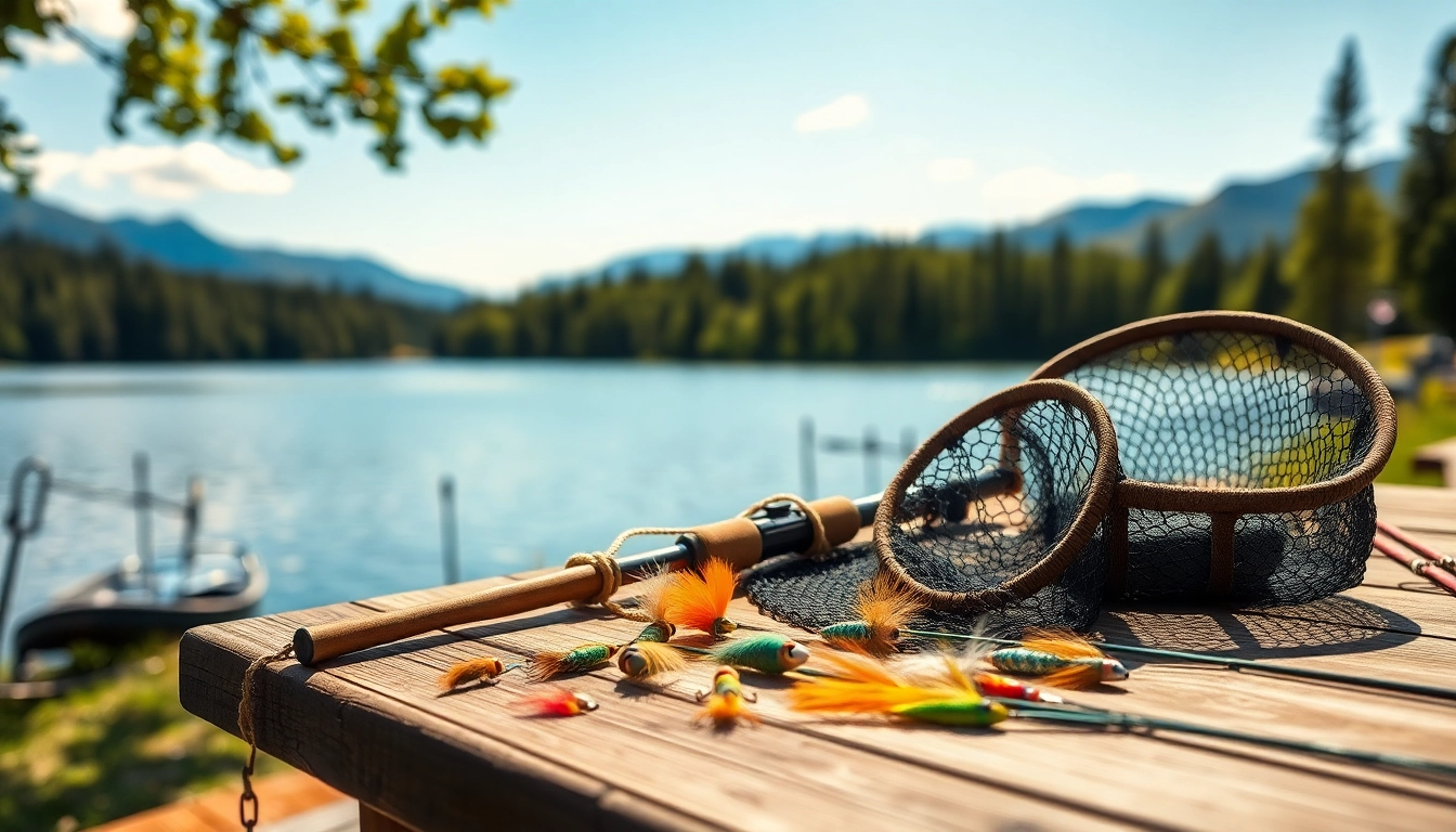 Explore a fly fishing kit showcasing premium rods and lures beautifully arranged outdoors.