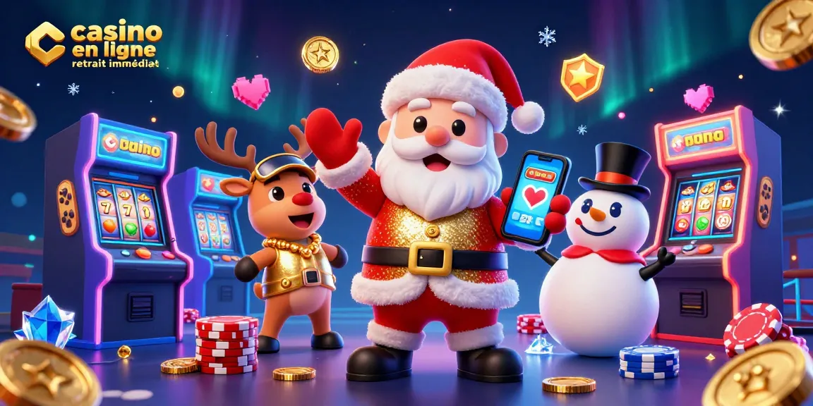 Illustration festive de Santa Claus jouant à un casino avec un smartphone et ses amis, inspirée par le casino en ligne retrait immédiat.