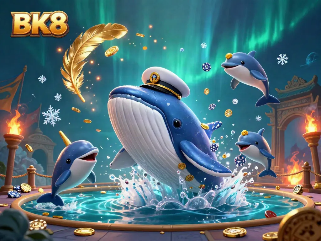 Experience the fun at BK8 with playful dolphins and a captain whale in a dynamic casino scene