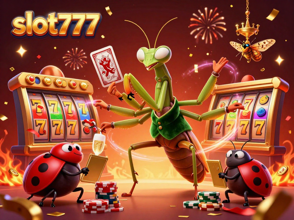 Experience slot777 excitement with vibrant slot reels and dynamic characters in a festive casino scene.