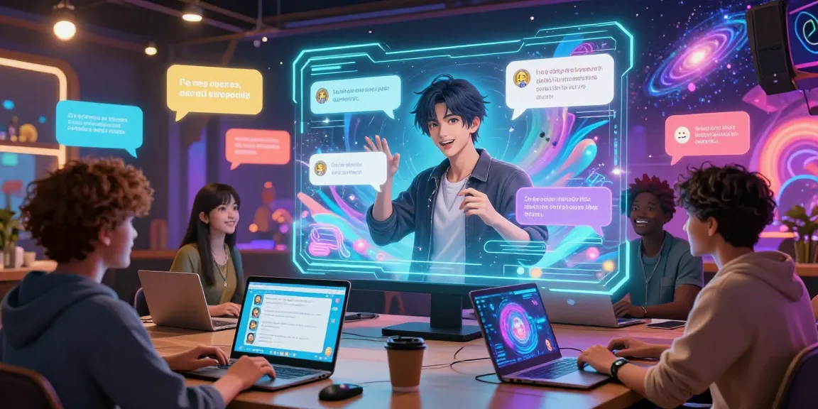 Engaging scene of hentai AI chat in a colorful digital landscape with lively character interactions.