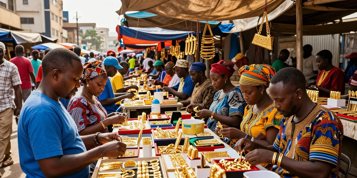 Gold price in kenya today represented in a vibrant Nairobi market bustling with gold traders and shoppers.