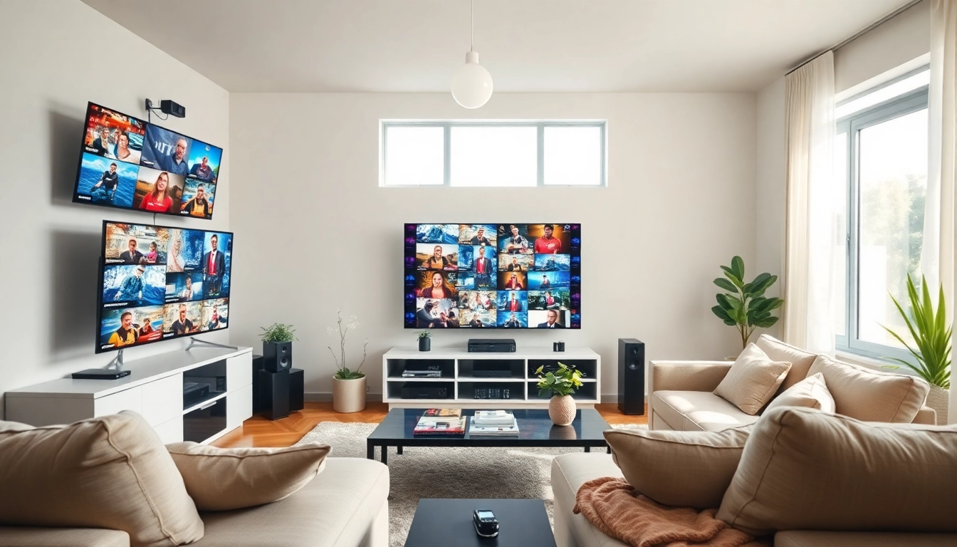 Suisse IPTV streaming setup in a modern living room with bright screens and cozy ambiance.