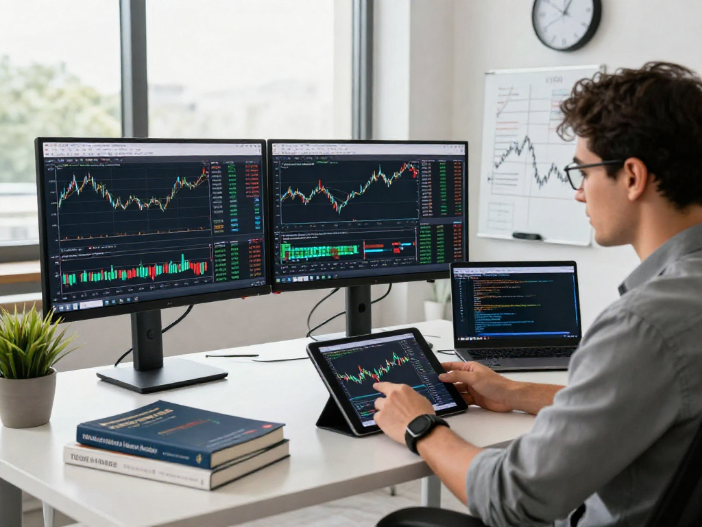 交易者在现代办公室使用MetaTrader 5进行实时交易分析，显示多监视器与市场数据。