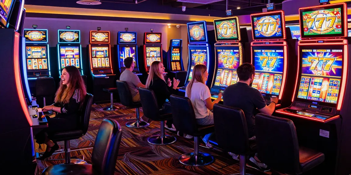 Pengalaman bermain slot777 di kasino dengan pemain bahagia dan mesin slot berwarna-warni.
