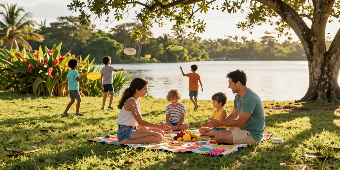 Family enjoying a picnic while using yucatan-herbal-mosquito-repellent in a sunny outdoor setting.