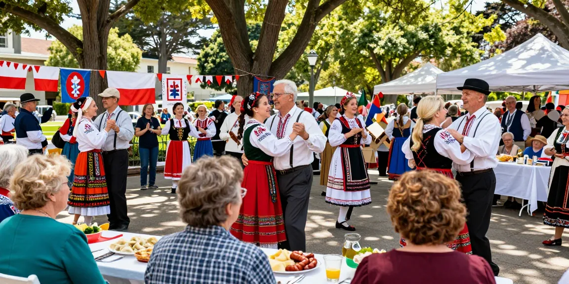 Polish community gathering in San Francisco at https://www.sfpol.com/, celebrating cultural traditions with dance, music, and food.