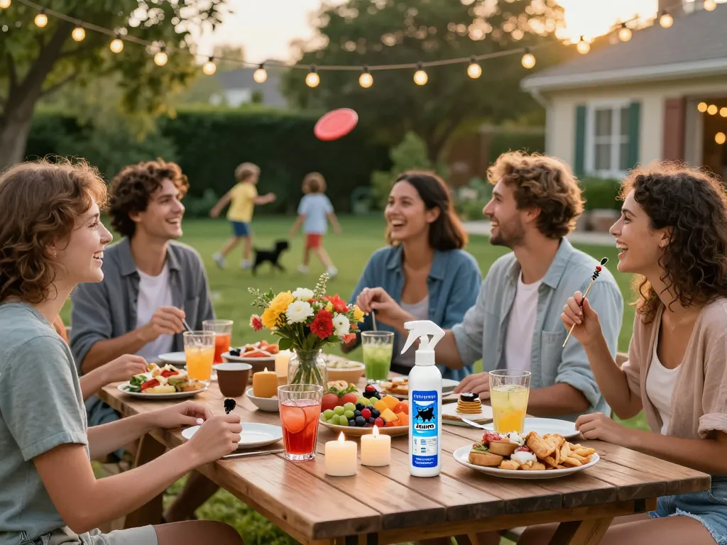 Friends enjoying a summer barbecue with mosquito repellent products visible, creating a mosquito-free environment.