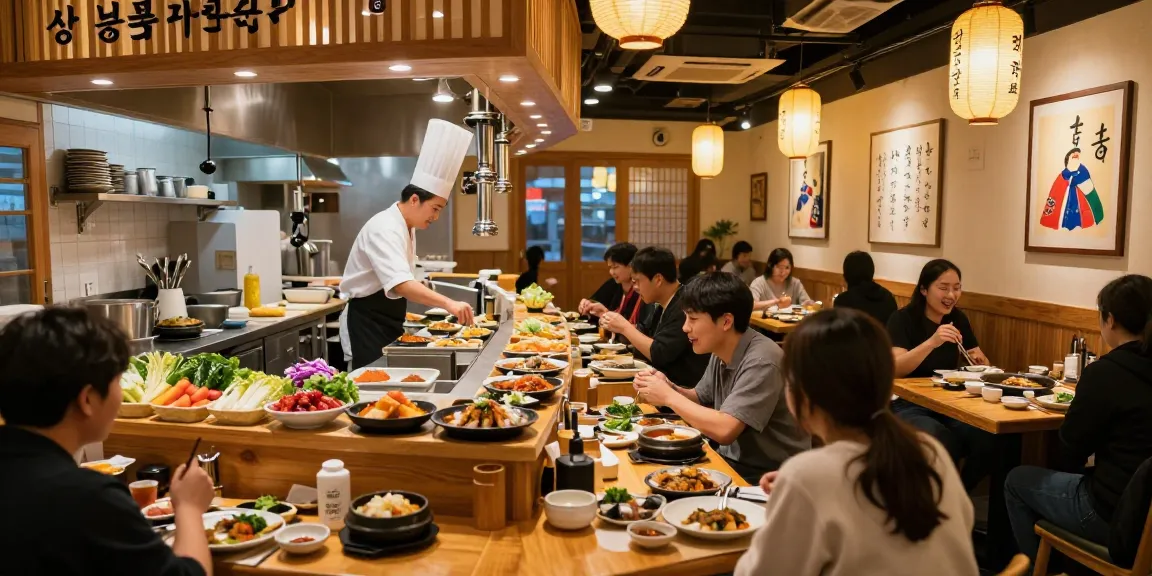 A lively dining scene at 상봉동 한국관 featuring a chef preparing dishes and diners enjoying authentic Korean cuisine.