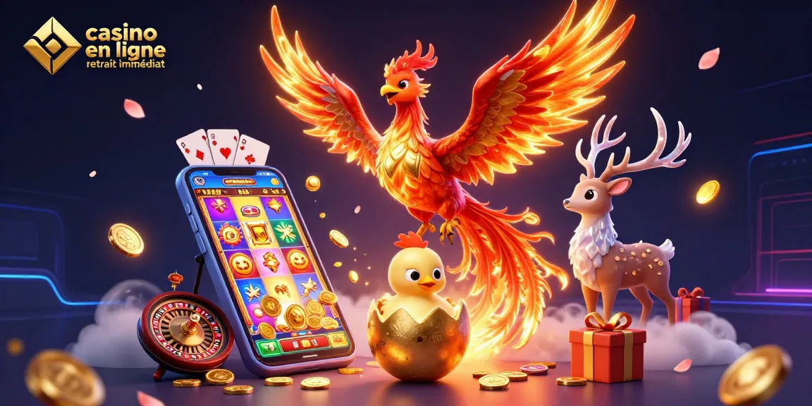 Profitez du casino en ligne retrait immédiat avec une illustration animée de personnages fantastiques et d'éléments de jeu.