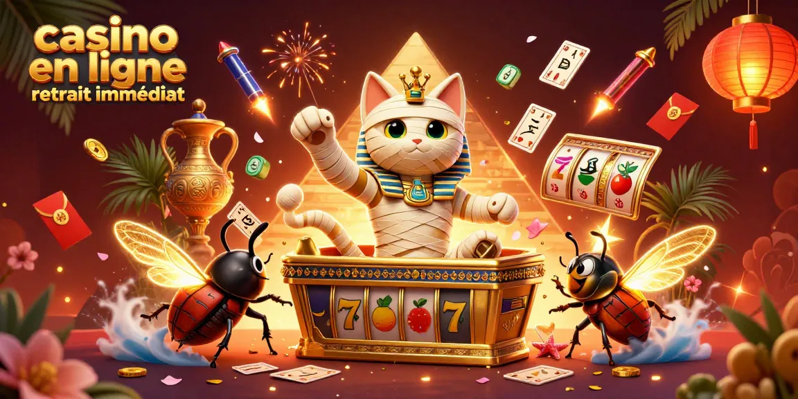 Illustration dynamique mettant en avant le casino en ligne retrait immédiat avec un chat momie égyptien et des éléments de jeu scintillants.