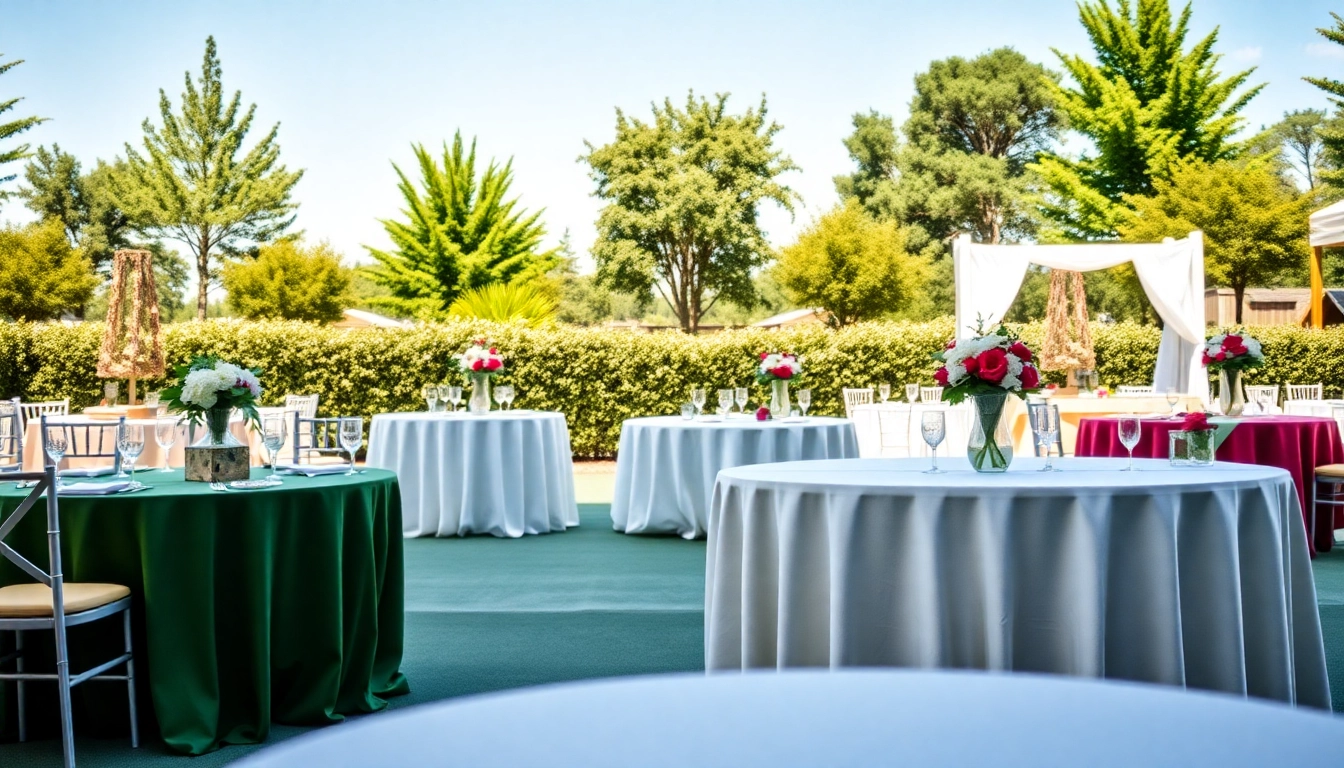 Showcasing stylish table rentals in a beautiful outdoor event setup.