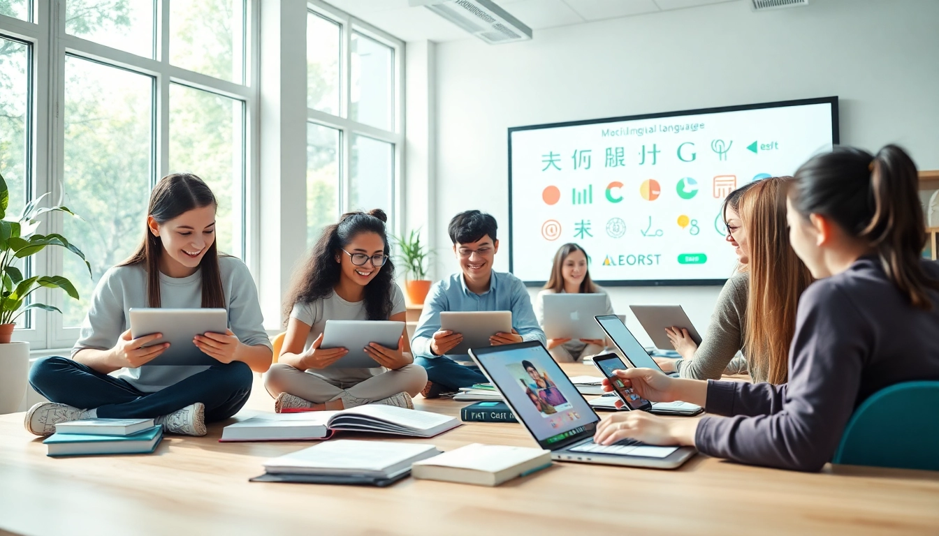 Youdao platform enhancing language learning in a modern classroom with diverse students.