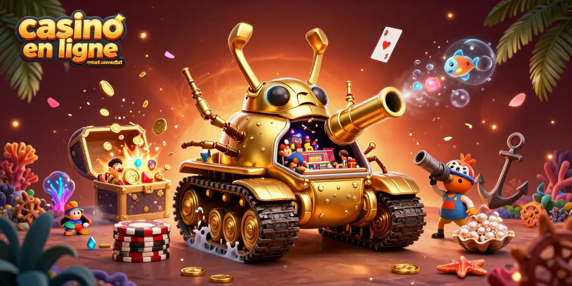 Jouez au casino en ligne retrait immédiat avec ce visuel captivant d'un tank-casino doré débordant de trésors.
