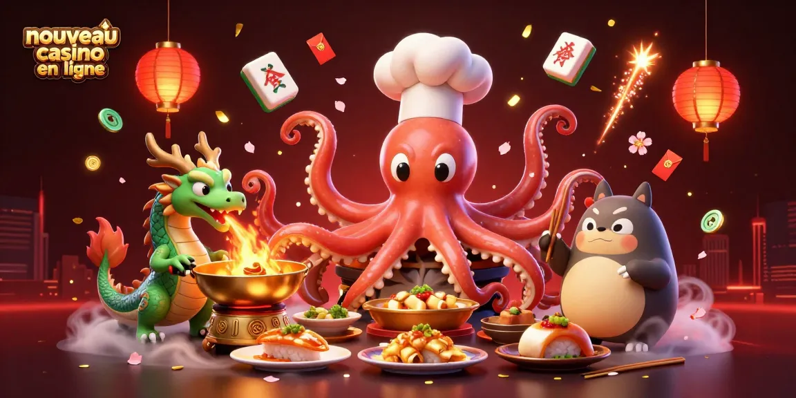 Jouez au nouveau casino en ligne avec le chef sushi pieuvre et ses plats dorés joyeusement entourés de dragons et de décorations scintillantes.