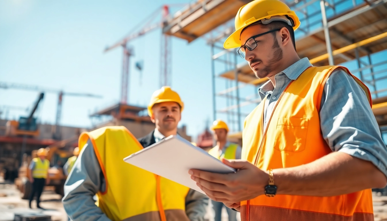Construction labor compliance activities with workers managing site documentation efficiently.