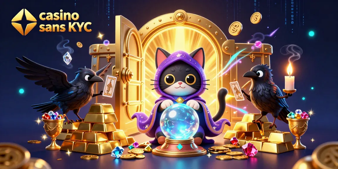 Jouez au casino crypto sans KYC avec un chat mystique et un corbeau des cartes dans une scène magique.