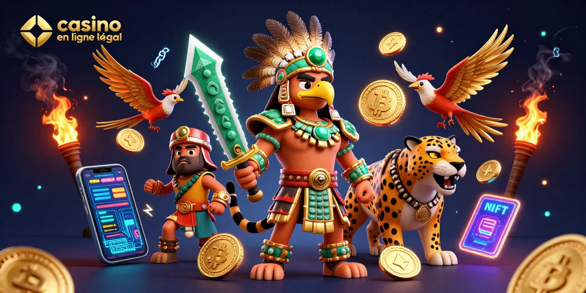 Illustration dynamique pour casino en ligne France légal avec héros aztèque et pièces de crypto.