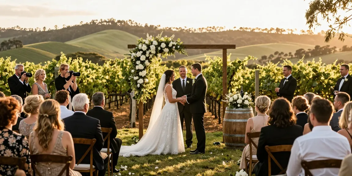 Candid wedding ceremony captured by Hunter Valley photographer weddings in natural vineyard setting, showcasing beautiful moments and joyful atmosphere.