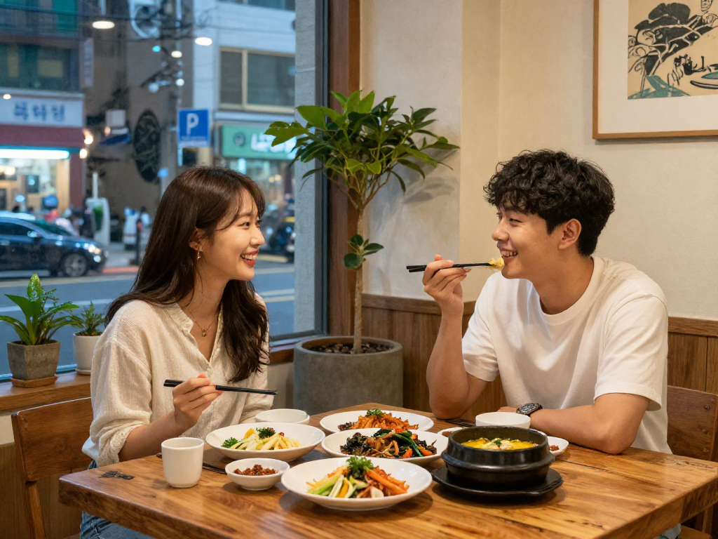 강남 달토에서 현대적인 한국 레스토랑에서 저녁을 즐기는 커플의 즐거운 모습