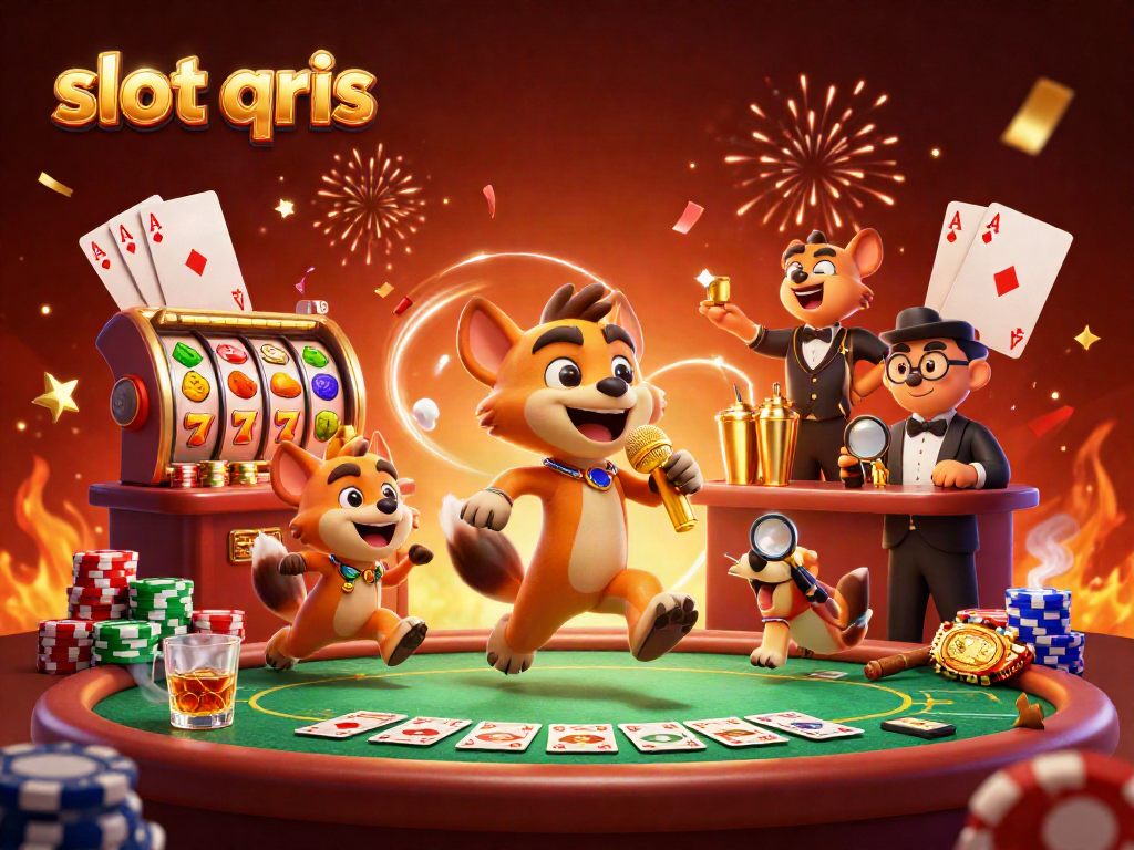 Experience slot qris excitement with hyenas in a 3D casino scene full of vibrant elements.