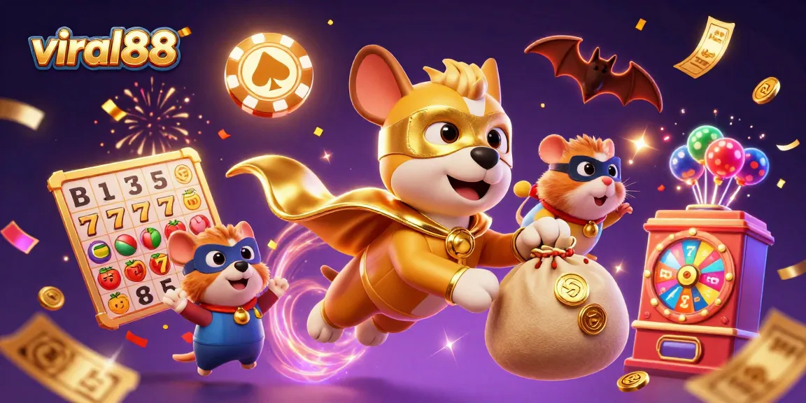 Experience the excitement of viral88 with a superhero dog flying through a vibrant casino scene filled with games.